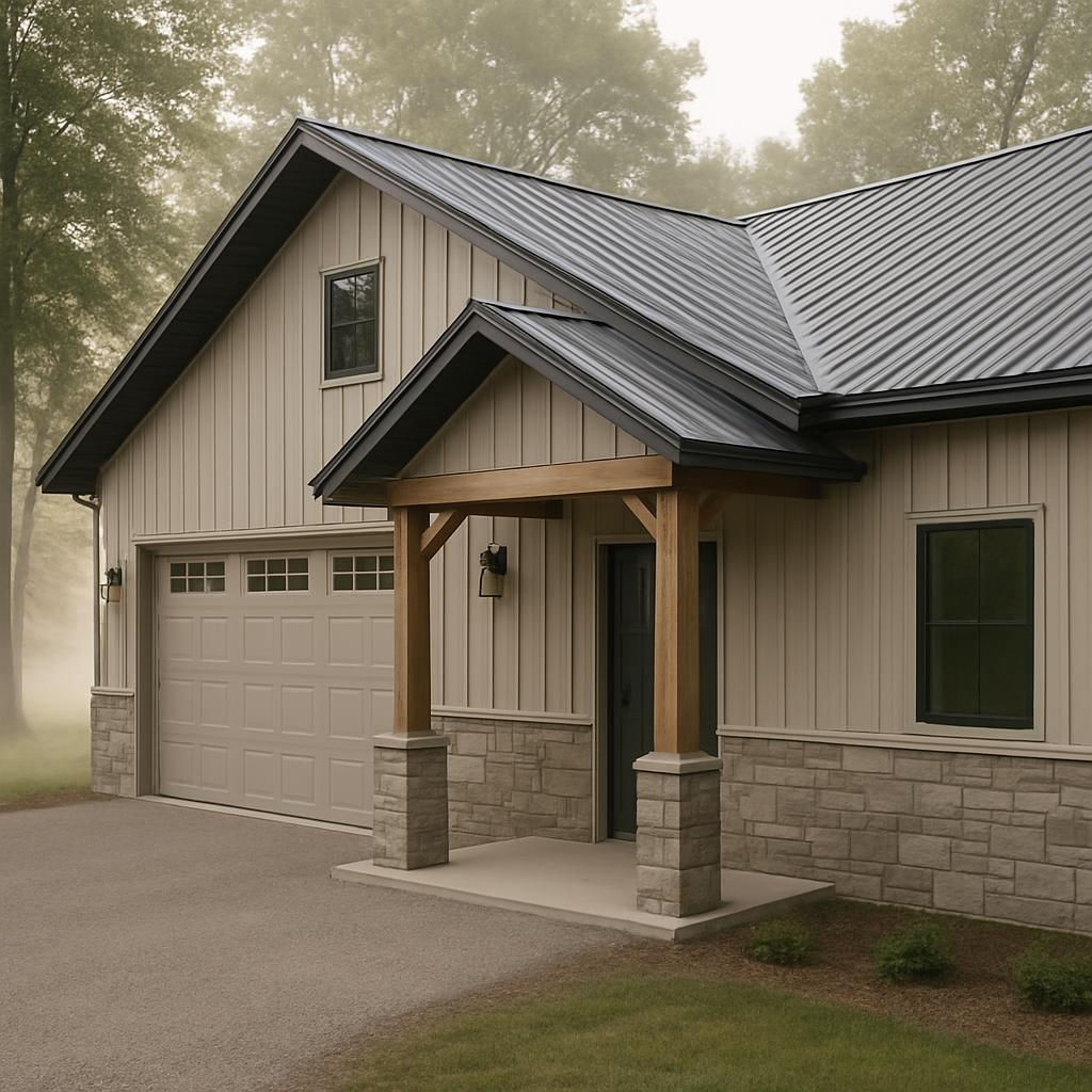 A modern, two-story house with a gable roof and vertical siding, featuring a large garage door, a covered front porch with...