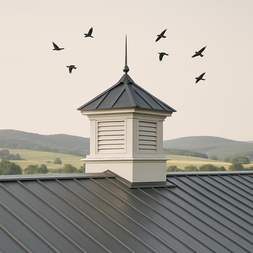 A bird house ear of a metal roofed building featuring a white ventilation column and a dark-coloured dome with birds flyin...